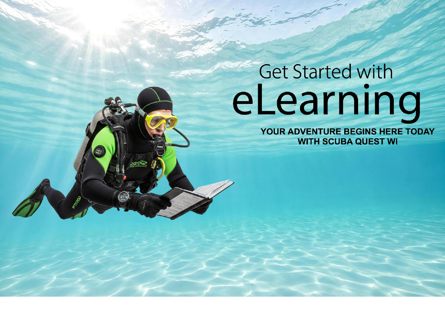 Promotional banner featuring a scuba diver reading a manual underwater next to the text "Get Started with eLearning" for Scuba Quest WI.