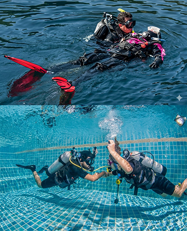 Two-panel image showing a rescue diver practicing a surface victim transport on open water (top) and students practicing an alternate air source sharing drill in a training pool (bottom).