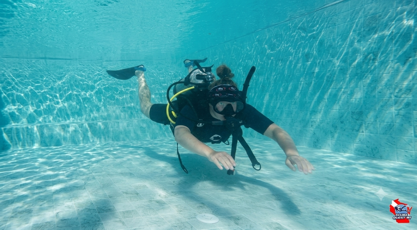 A scuba diving student practicing horizontal trim and swimming techniques at the bottom of a training pool.
