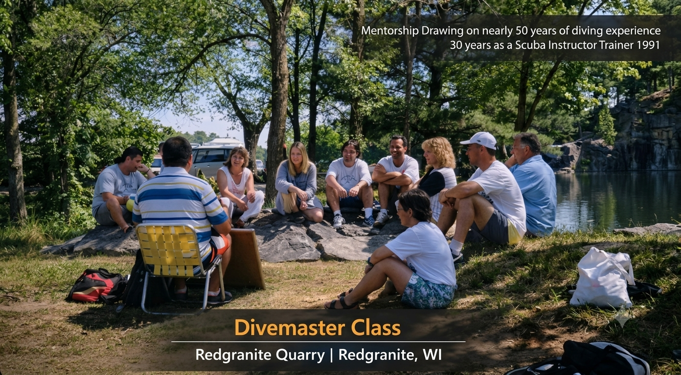 An outdoor Divemaster class group sitting in a circle on rocks and grass during a training session at Redgranite Quarry in Redgranite, Wisconsin.