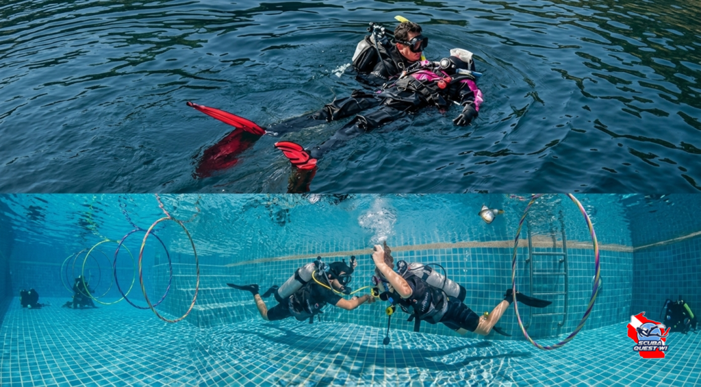 Two-panel image showing a rescue diver practicing a surface victim transport on open water (top) and students practicing an alternate air source sharing drill in a training pool (bottom).