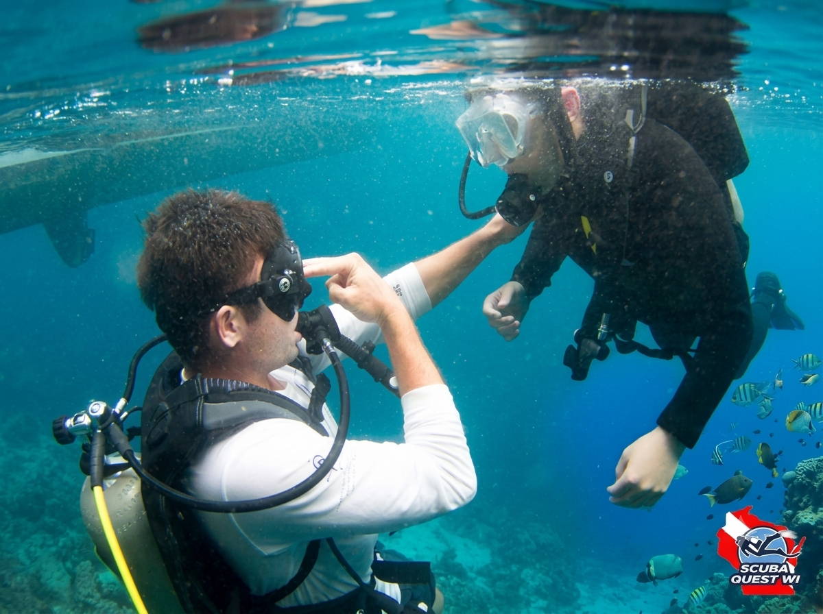 A scuba diver in a dark wetsuit navigating vertically through a dense, sunlit kelp forest ecosystem.
